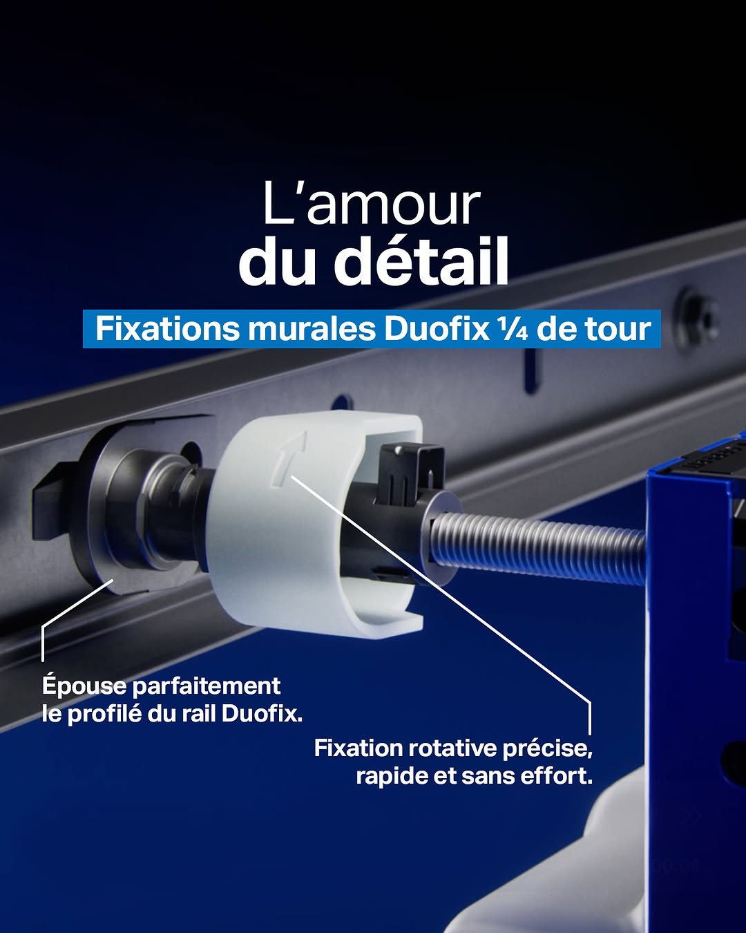 Fixer la partie haute d’un bâti-support sur un profilé du rail Duofix ? C’est fait en un quart de tour. 🔄

Avec la fixation 1/4 de tour, le bâti-support à hauteur partielle avec tablette vient se verrouiller direct sur le rail. Pas de jeu, ni galère. Un m